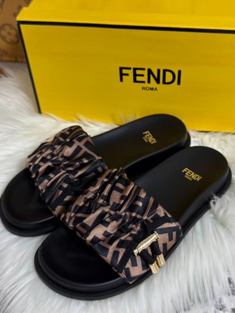 Fendi Black and Brown Monogram Ruched Slide Sandals